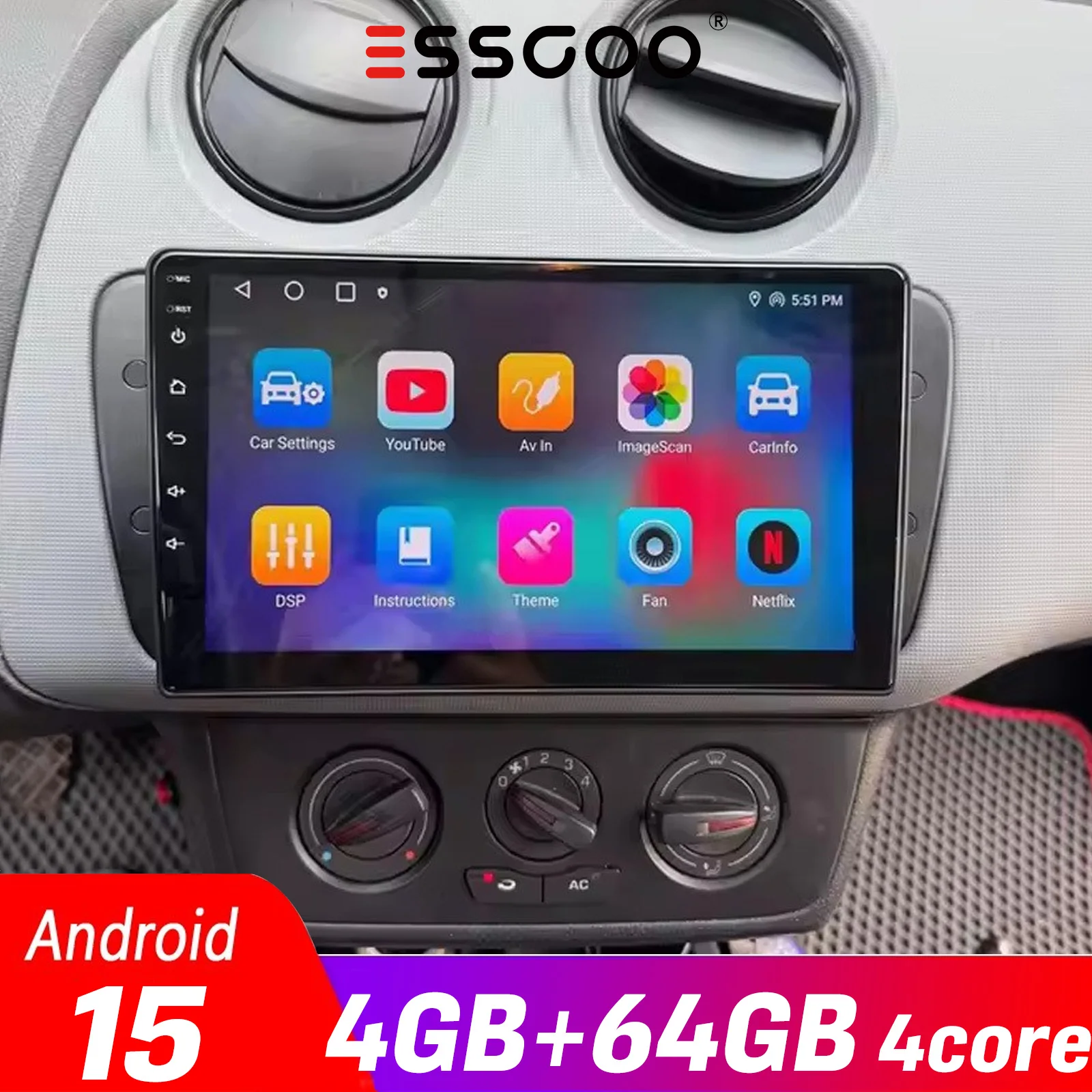Android 15 Autoradio 4GB+64GB für SEAT Ibiza 6J IV 4 2008 - 2015 Multimedia-Videoplayer GPS Kabelloses Apple CarPlay Android Auto WiFi Stereo inklusive Kamera ESSGOO