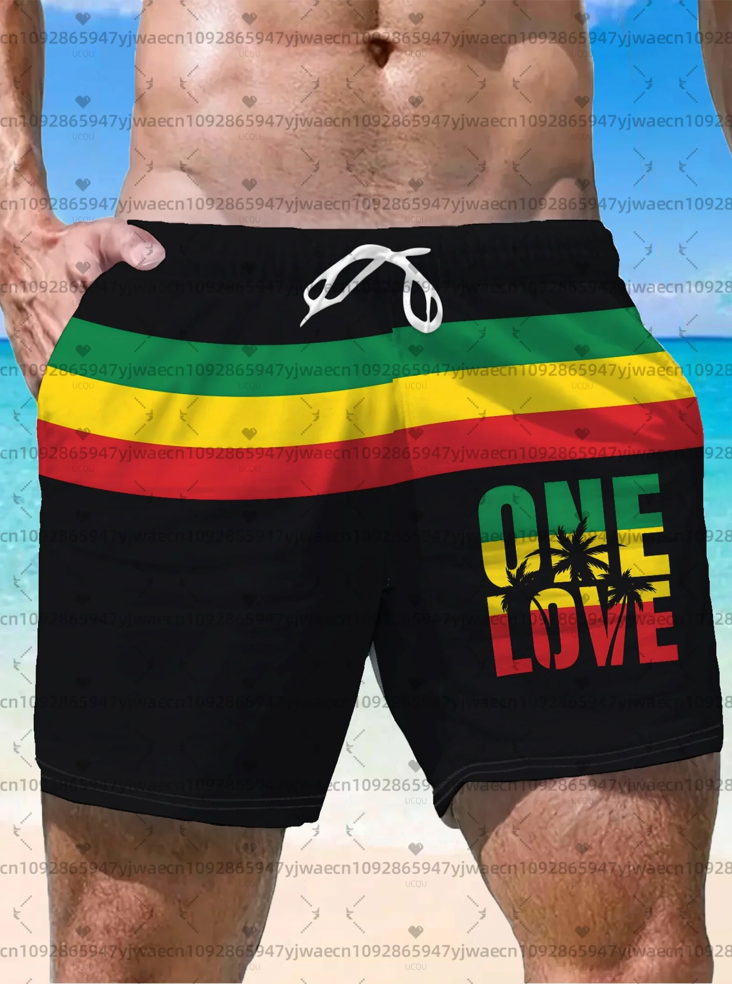 

Новые мужские плавки-шорты 2026 года в стиле раста с принтом «One Love» для повседневного летнего пляжного отдыха на Гавайях ﻿