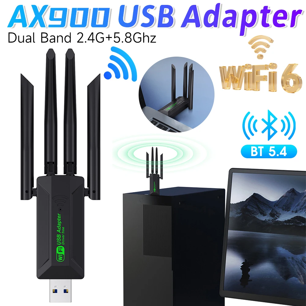 

НОВЫЙ AX900 WiFi USB-адаптер WiFi6 Bluetooth 5,4 двухдиапазонный 2,4G + 5,8 ГГц 4 антенный ключ USB беспроводной приемник карт для ПК/ноутбука