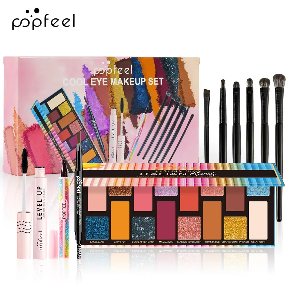 Best-Selling Popfeel 16 Colors Glitter Eye Shadow Palette Make Up Minerals Eyeshadow Pallete Eyebrow Eyeliner Mascara Brush Sets