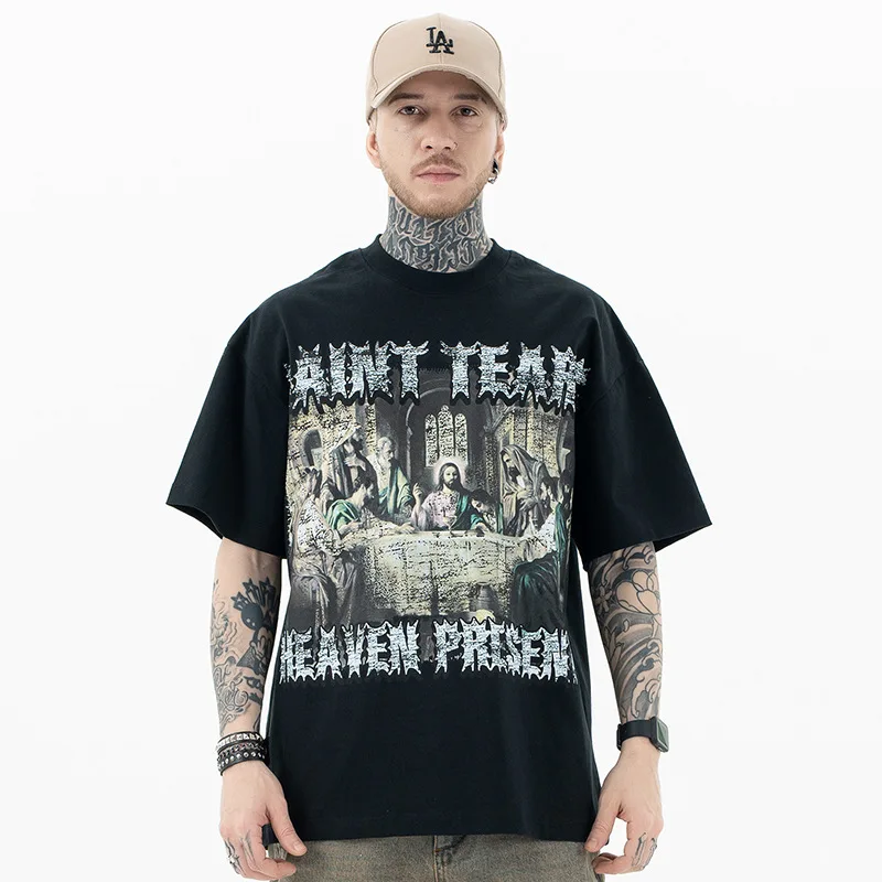 

Мужская футболка Lanhai Men's Fashion SS New Heavyweight American Washed с принтом «Тайная вечеря», повседневная, свободного кроя, из хлопка