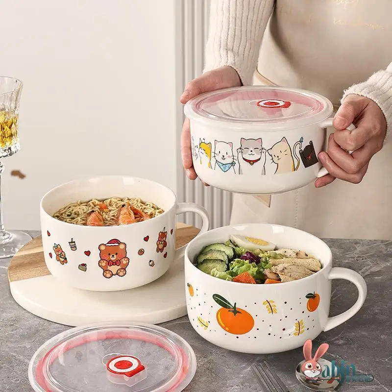 

Creative Cartoon Cerc Instant Noodles Bowl with Lid Glazed Dormi Handle Student Rice Bowl Home Use Microwave Se Soup...