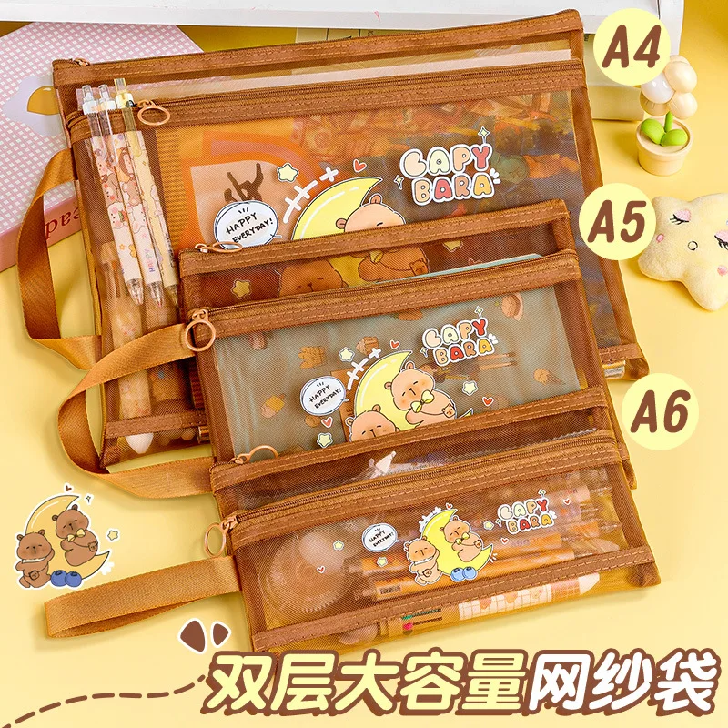 New Capybara Pencil Case Cartoon Transparent Mesh Pen Case A4/A5/A6 Stationery Gift School File Storage Supplies Birthday Gift