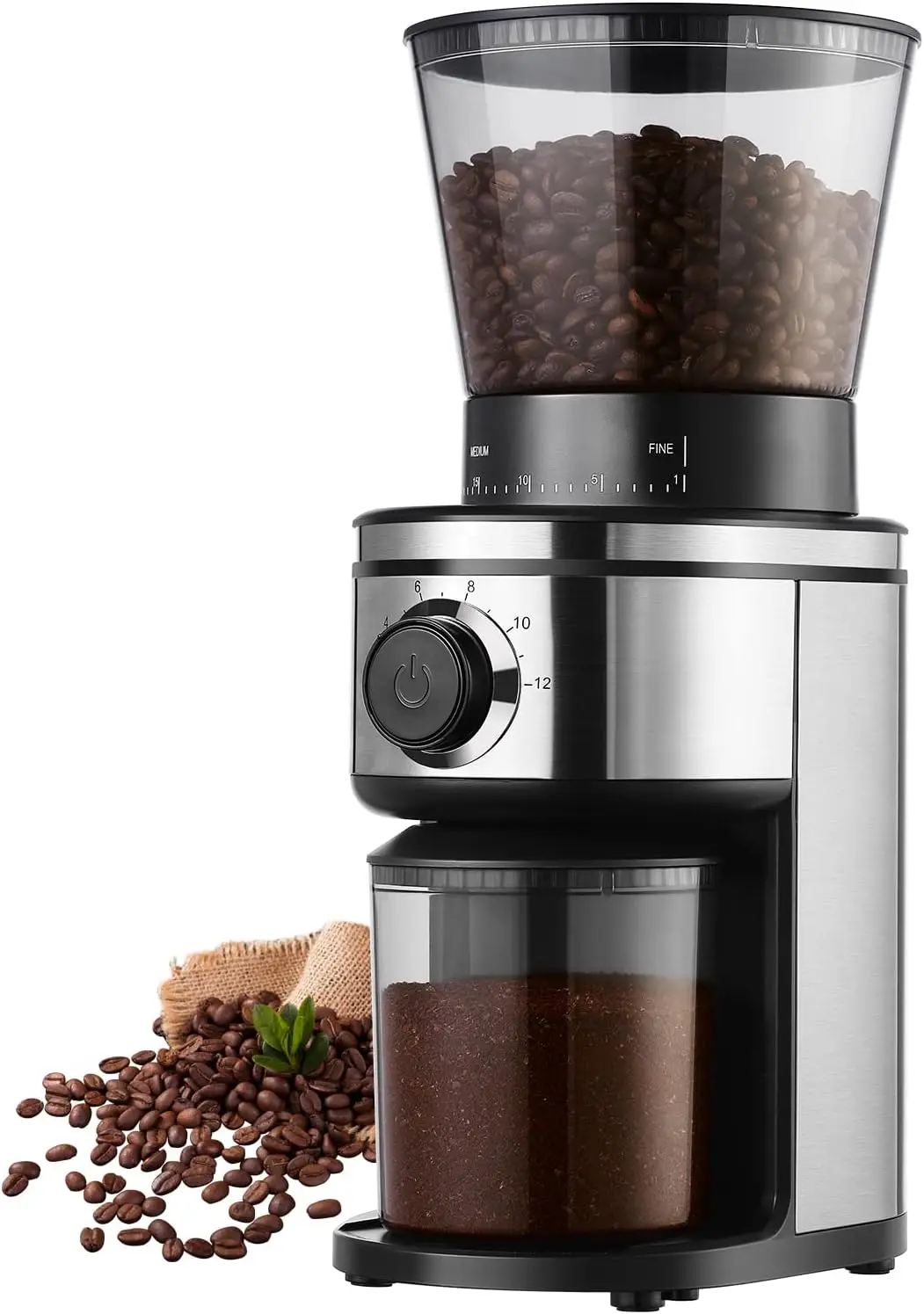 

Electric Conical Coffee Bean Grinder with 30 Adjustable Settings for 2-12 Cups, Silver & Black