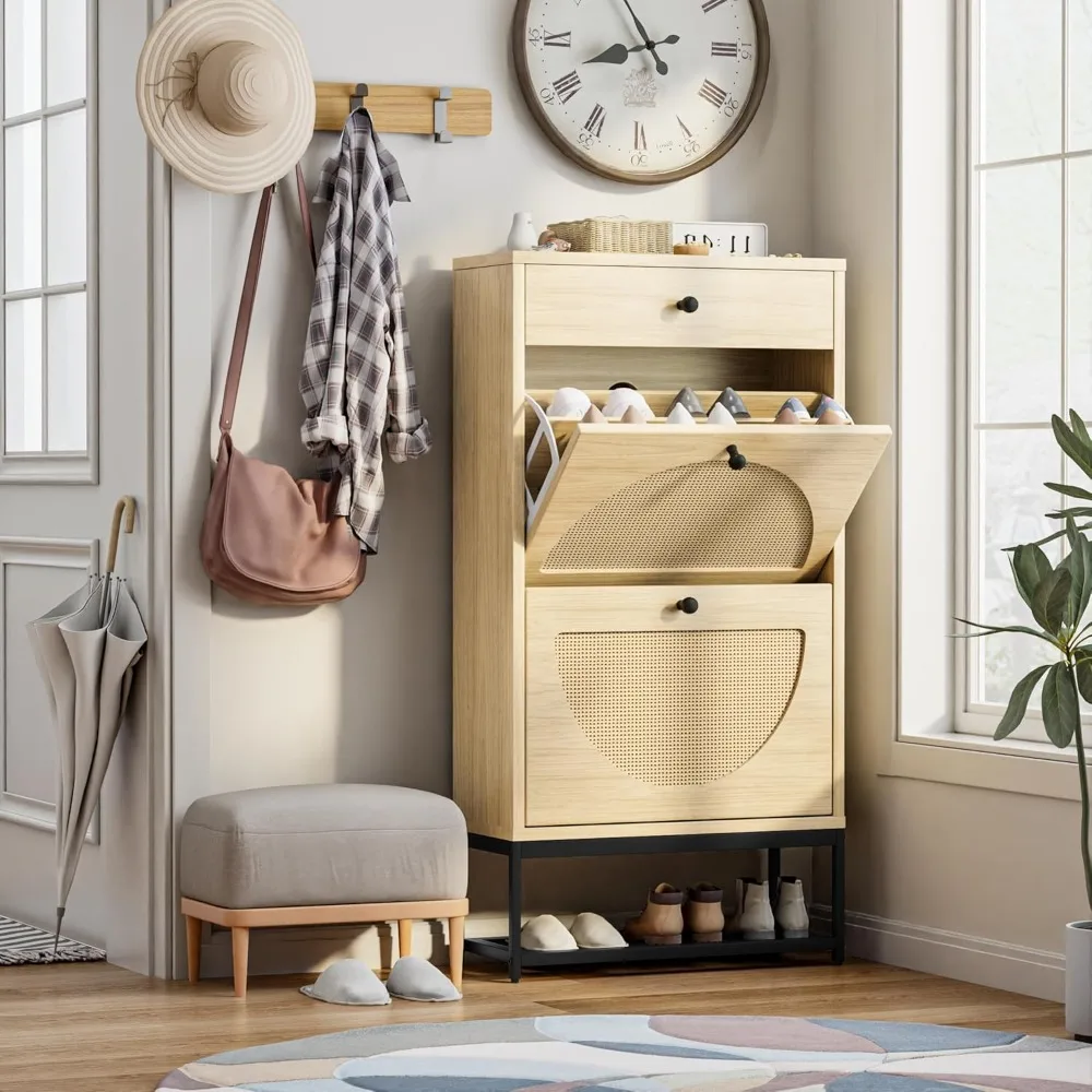 خزانة تخزين أحذية الروطان الطبيعي مع أدراج قابلة للطي، تصميم نحيف لمدخل المدخل، منظم أحذية قائم بذاته