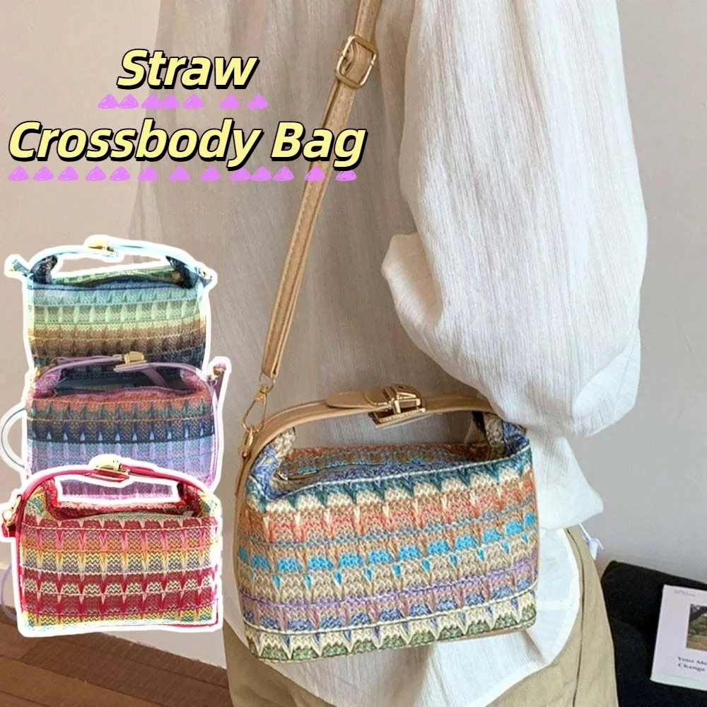 

Summer Ethnic Style Weave Handbag Leisure Trendy Straw Crossbody Bag Square PU Leather Women Shoulder Bag Women