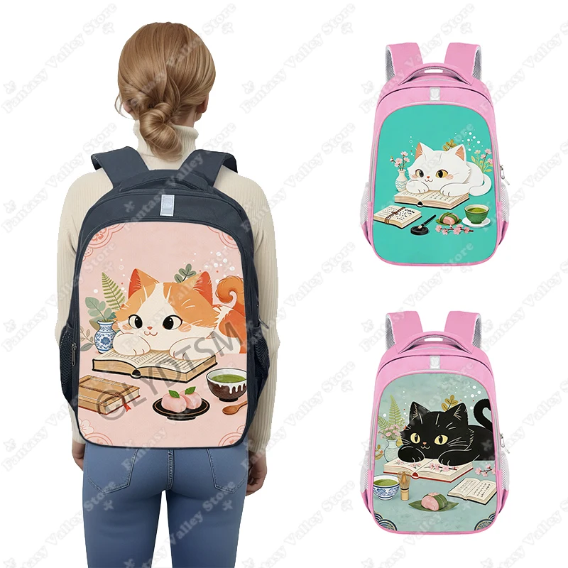 

The Cat Lying on The Book Graphic Print Backpack Kawaii Sleeping Cat with Tea School Bag for Teenager Women Rucksack Laptop Bags