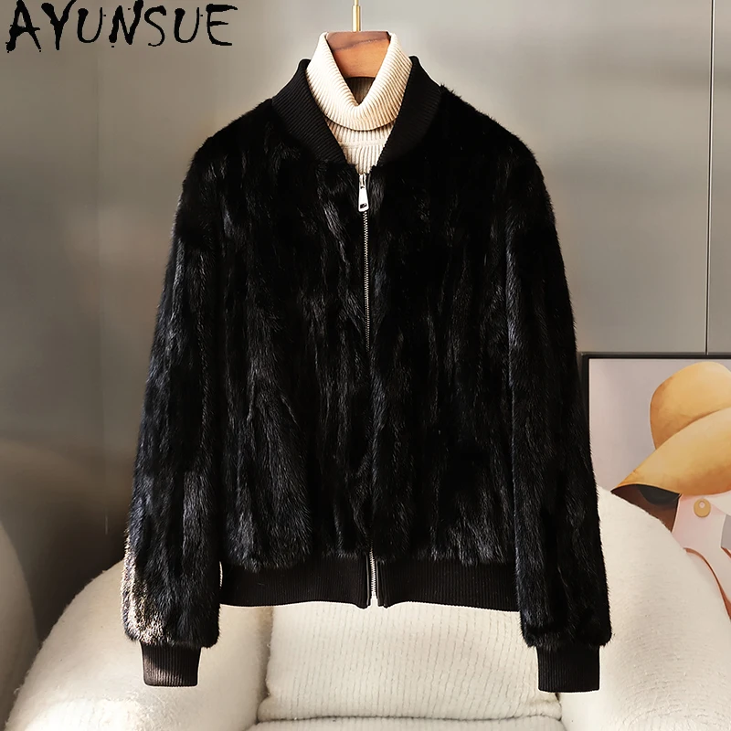 

AYUNSUE Natural Mink Fur Coat Women Baseball Collar Pieced Mink Fur Jacket Casual Style Woman Clothing Outerwears Manteau Femme