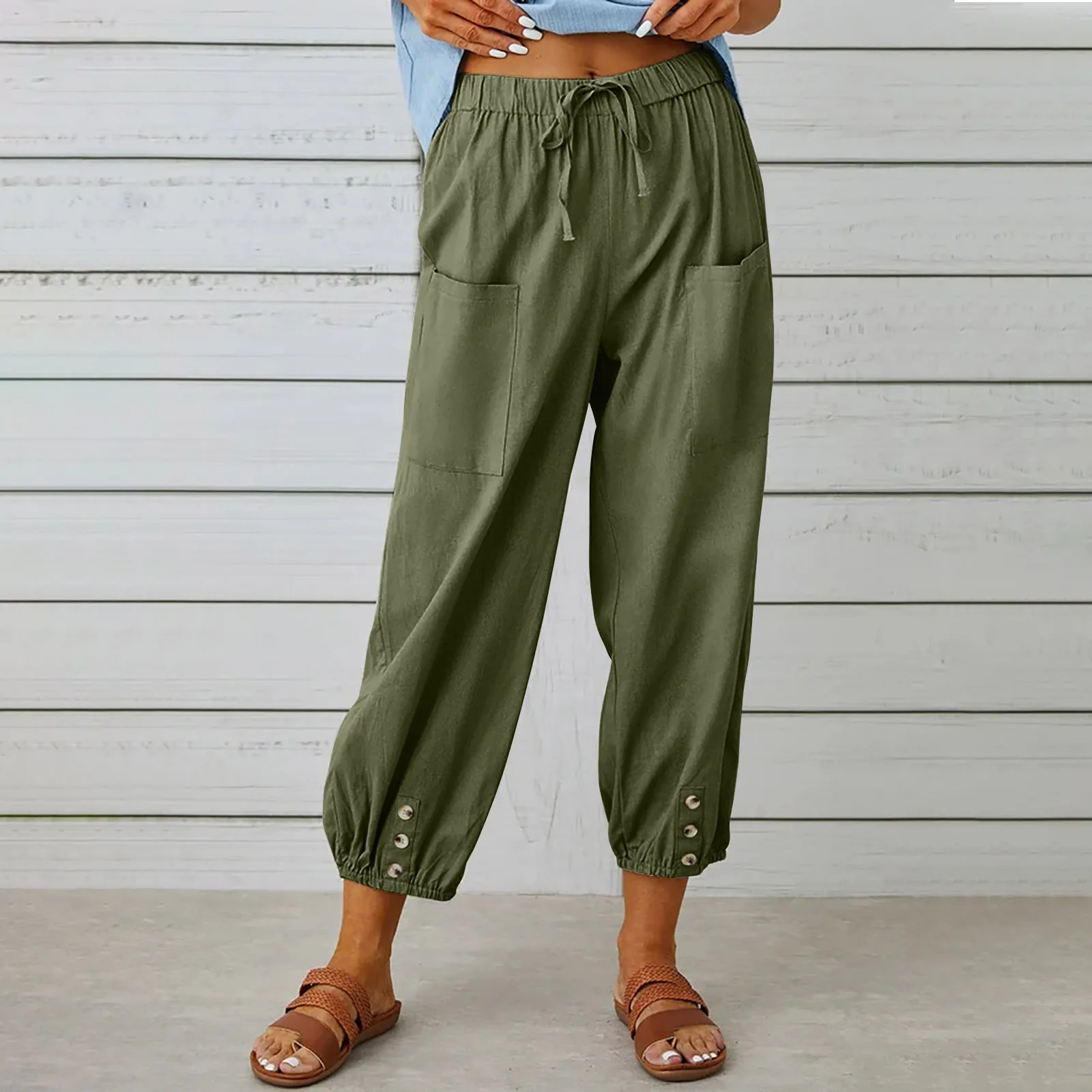Loose High-waisted Button Cotton and Linen Pants Nine-point Pants Wide-leg 2025 New Women's Pants Europe America