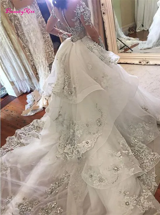 Tulle High-Neck Appliques Detachable-Train Wedding Dress Long Sleeves Glamorous Wedding Dresses Luxury Mermaid Bridal Gowns