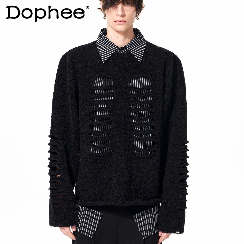 

Men's Striped Splicing Faux Two-Piece Sweaters 2025 Autumn Winter New Hollow Out Design Knitted Tops Men's Lapel Chic Knitwears