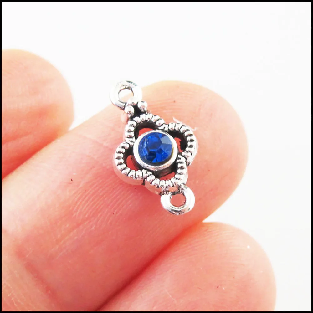 Fashion 30Pcs Mixed Crystal Tibetan Silver Plated Clover Flower Charms Connectors 8x15mm