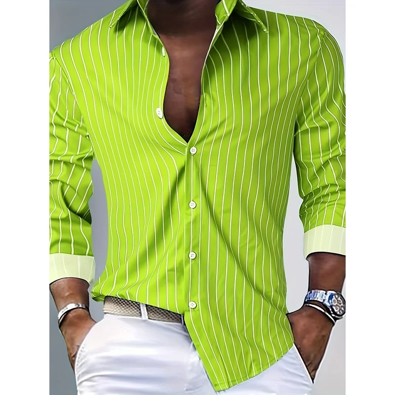 Men's  Striped Long Sleeve Shirt Button Down Casual Vertical Stripe Print Shirt Fashion Street Style Top