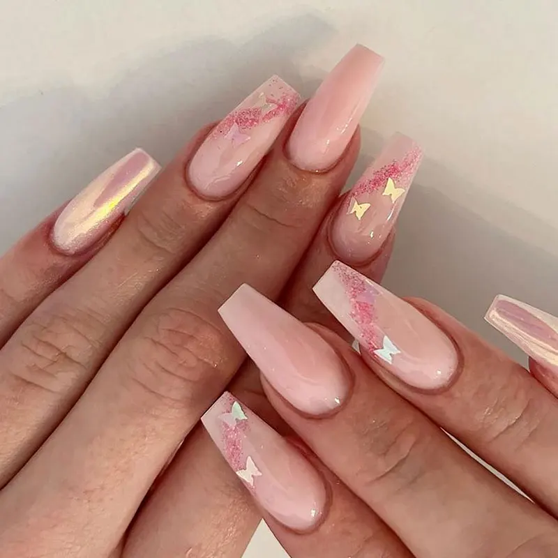 24pcs new wearable pink mid-length manicure with glittery fake nails that look youthful