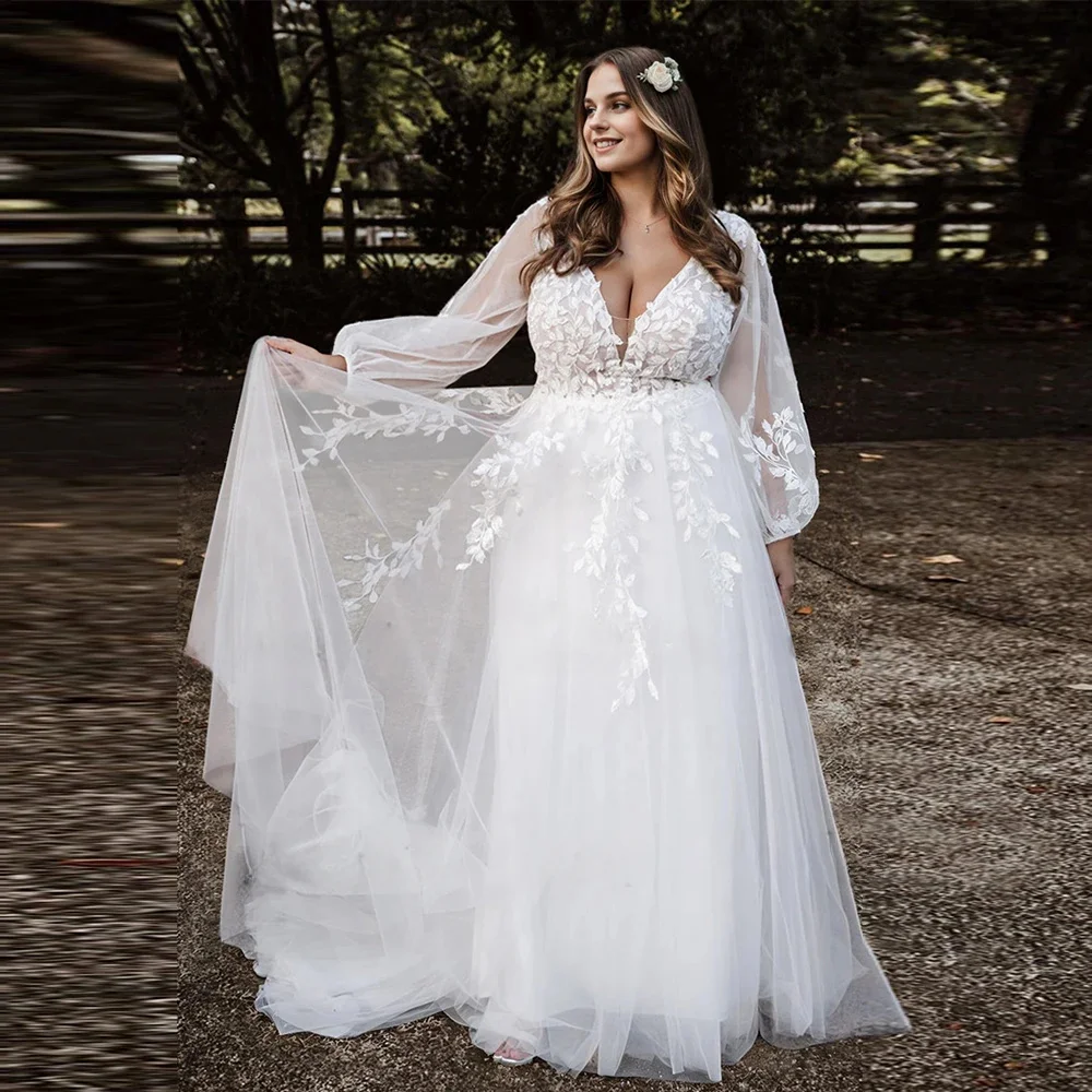 

V Neck Long Sleeve Wedding Dress Tulle Appliques Bride Dress Elegant Bridal Gowns Formal Wedding Gowns for Bride Bride Dress