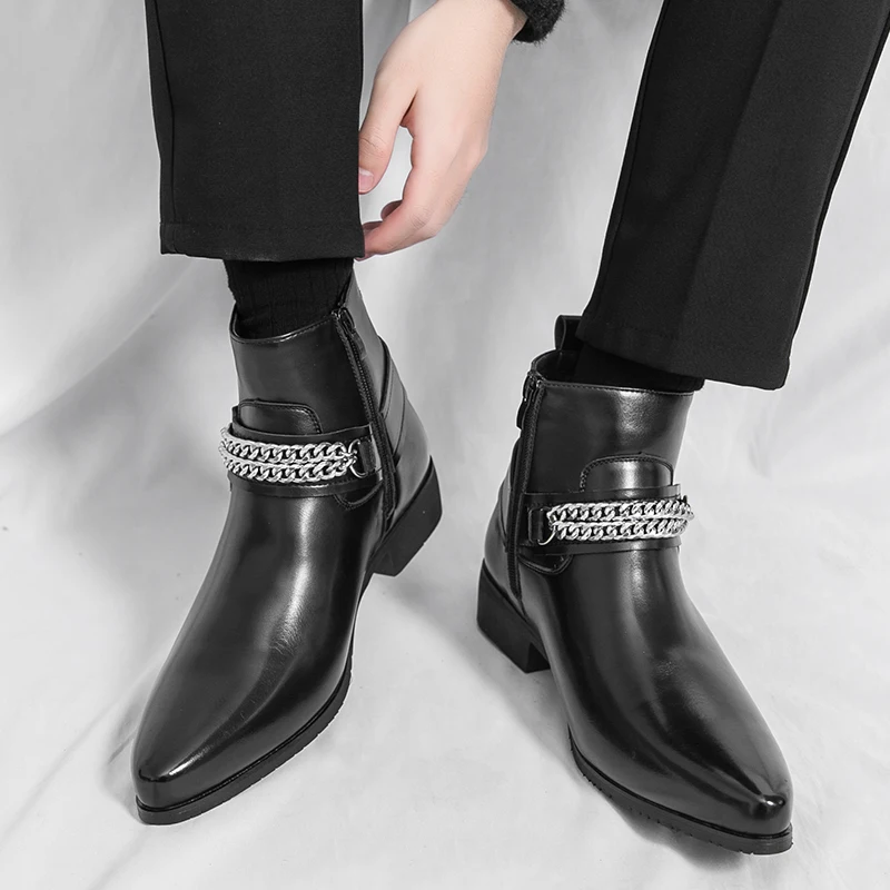 

Fashion Pointed Street Style High Top Motorcycle Boots Brand Business Commuting Versatile Leather Boots Men Casual Chelsea Boots