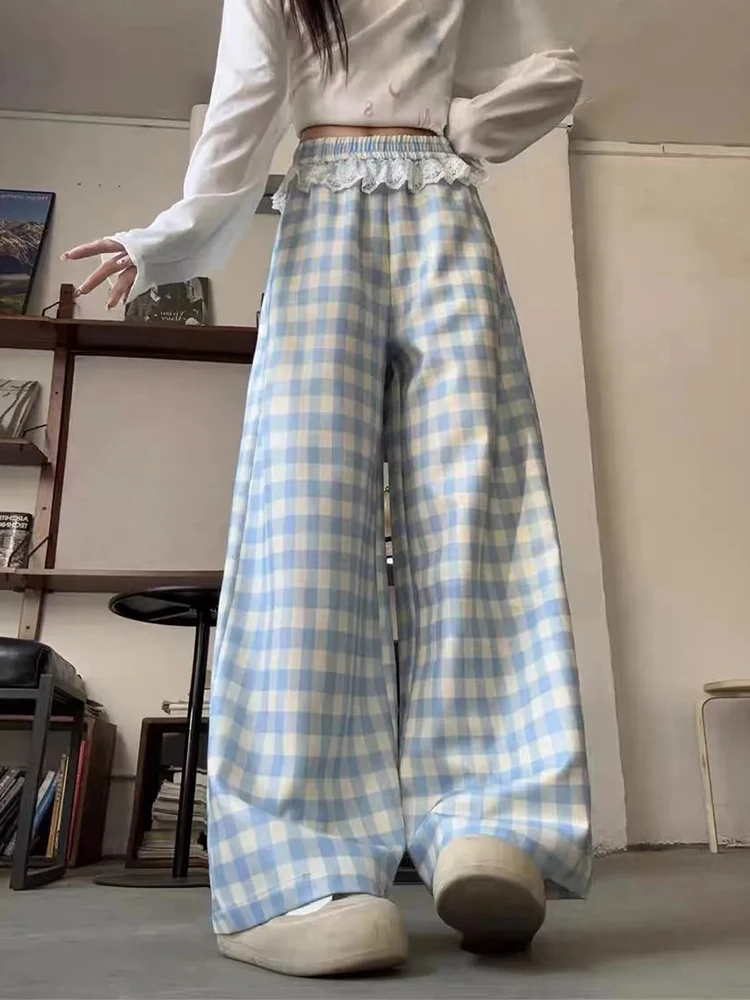 

Zoki Sweet Blue Plaid Pants Women Lace Patchwork High Waist Trousers Korean Fashion Loose Female Spring Elegant Wide Leg Pants