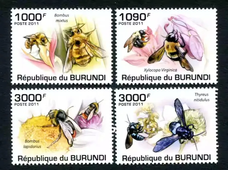 4 PCS, Burundi, 2011, Bees, Real Original Stamps for Collection, MNH