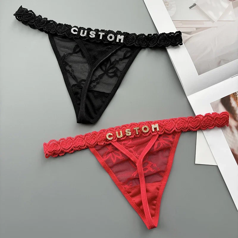 Personality Custom Thong Name Crystal Letter Sexy Lace Bikini Panties G-String Low Waist Briefs Ladies Knickers Lovers Wife Gift view 2