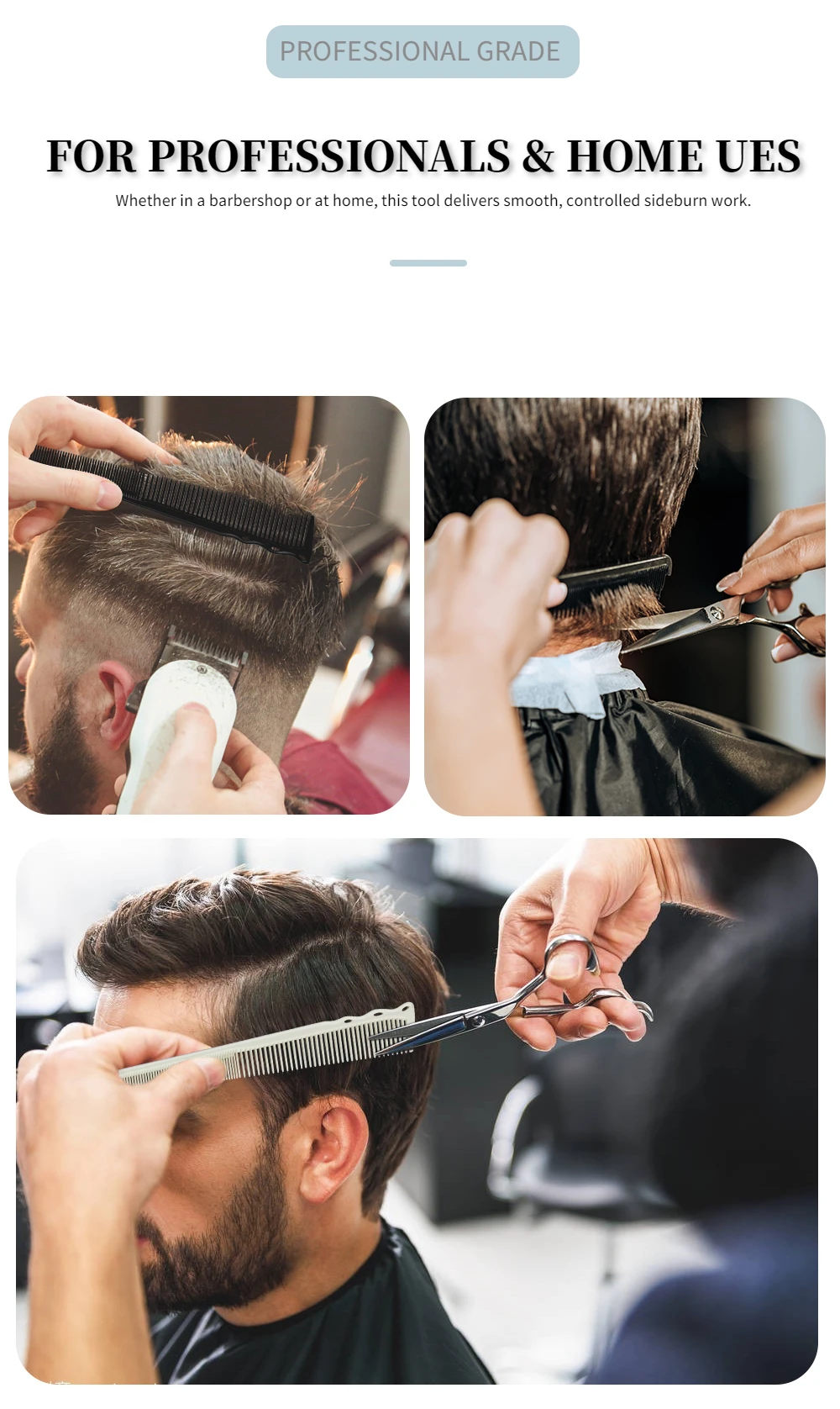 3-teiliges neues Profi-Friseurwerkzeug-Set, drehbare Doppelzahn-Haarschneidekämme, rotierende Mini-Fade-Haarbürste, antistatischer Taper-Kamm zum Stylen – Detail 9