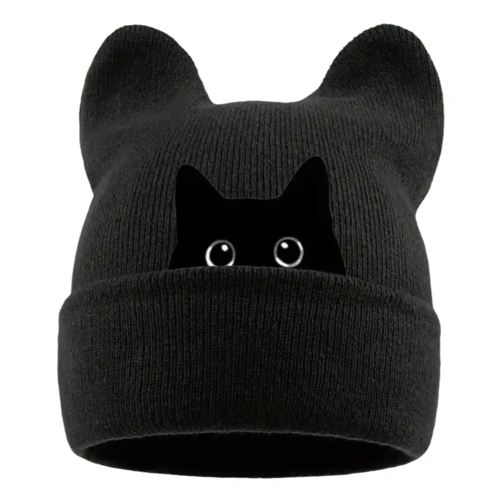 Casual Knit Cat Ear Beanie Hat Stretchable Y2K Harajuku Winter Knit Hat Punk Gothic Pullover Hat Women