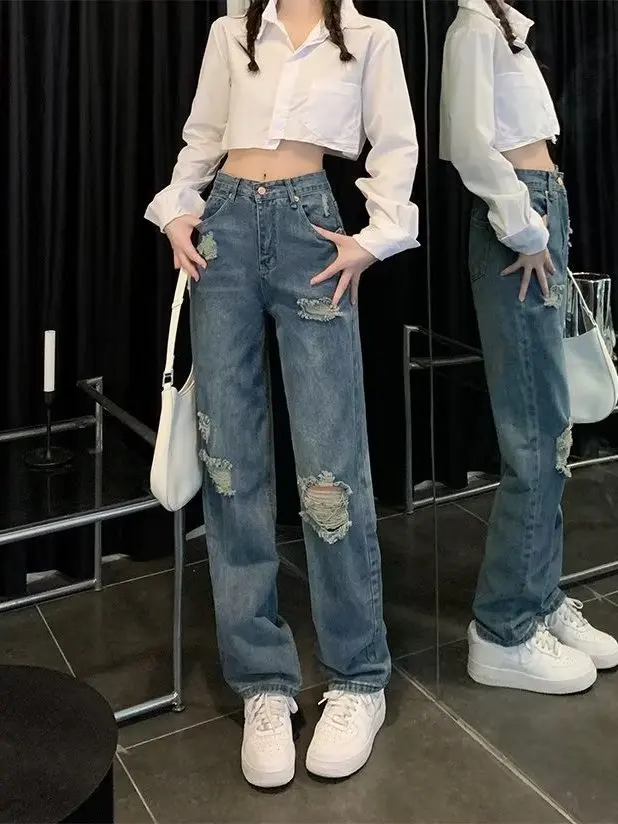 

American Style Wide Leg Jeans Women's Spring Autumn plus Size Slim Fit Floor Length Loose Slimming Straight Cut Denim Pants