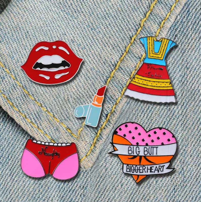 Pins Big Button Heart Pines Denim Lapel Shirt Buckle Bag Badge Jewelry Lips Lipstick Dress Enamel Pins Sexy Women Girl Lapel