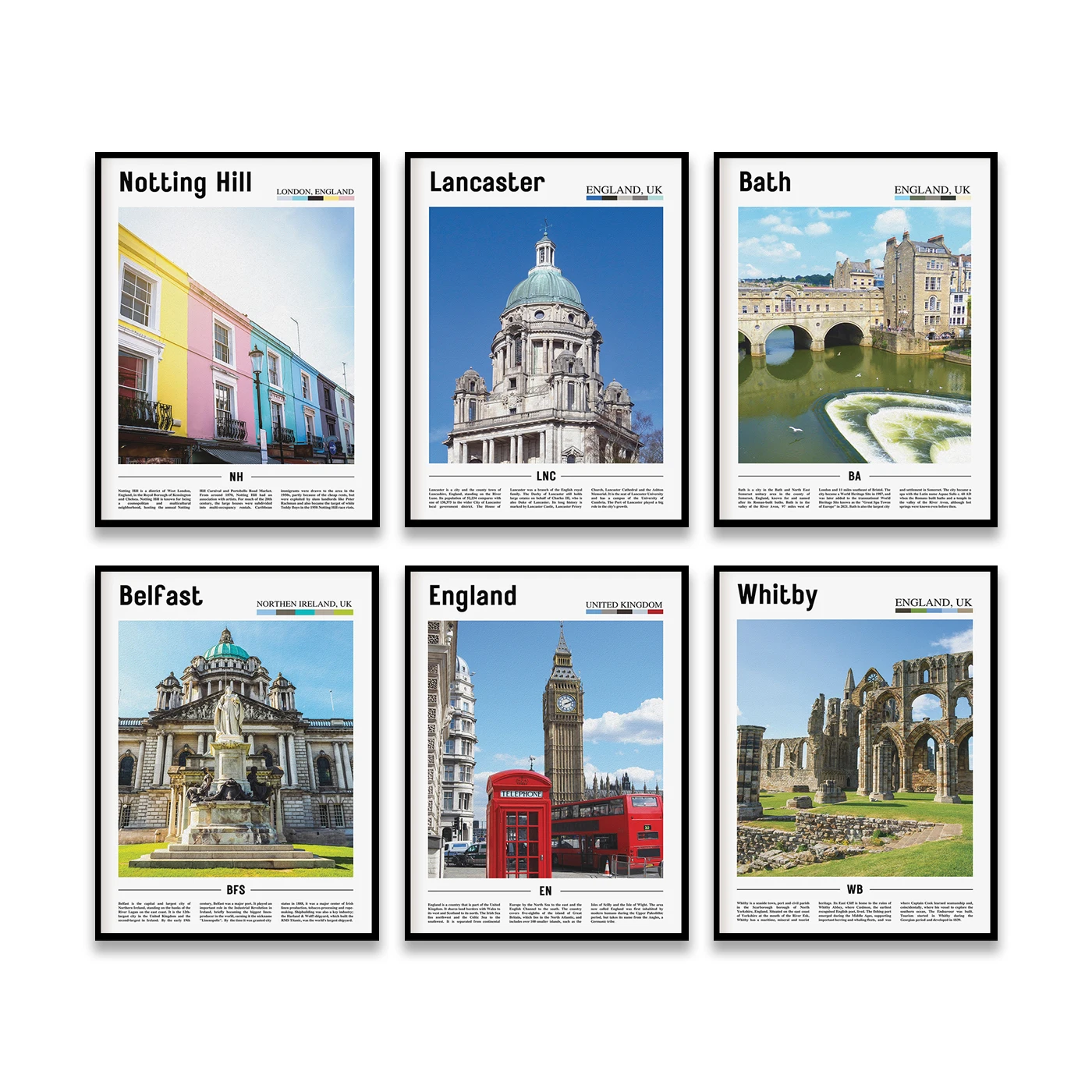 Whitby.Derbyshire.Surrey.Staffordshire. Dorset Norfolk Inglaterra Belfast Norwich Baño Notting Hill. Póster del paisaje de viajes en la ciudad