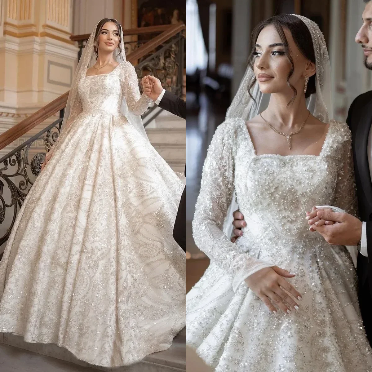 

Luxurious Sparkling A-line Crystal Beaded Women's Wedding Dress Sexy Square Neck Long Sleeve Party Ball Bridal Dress Customized