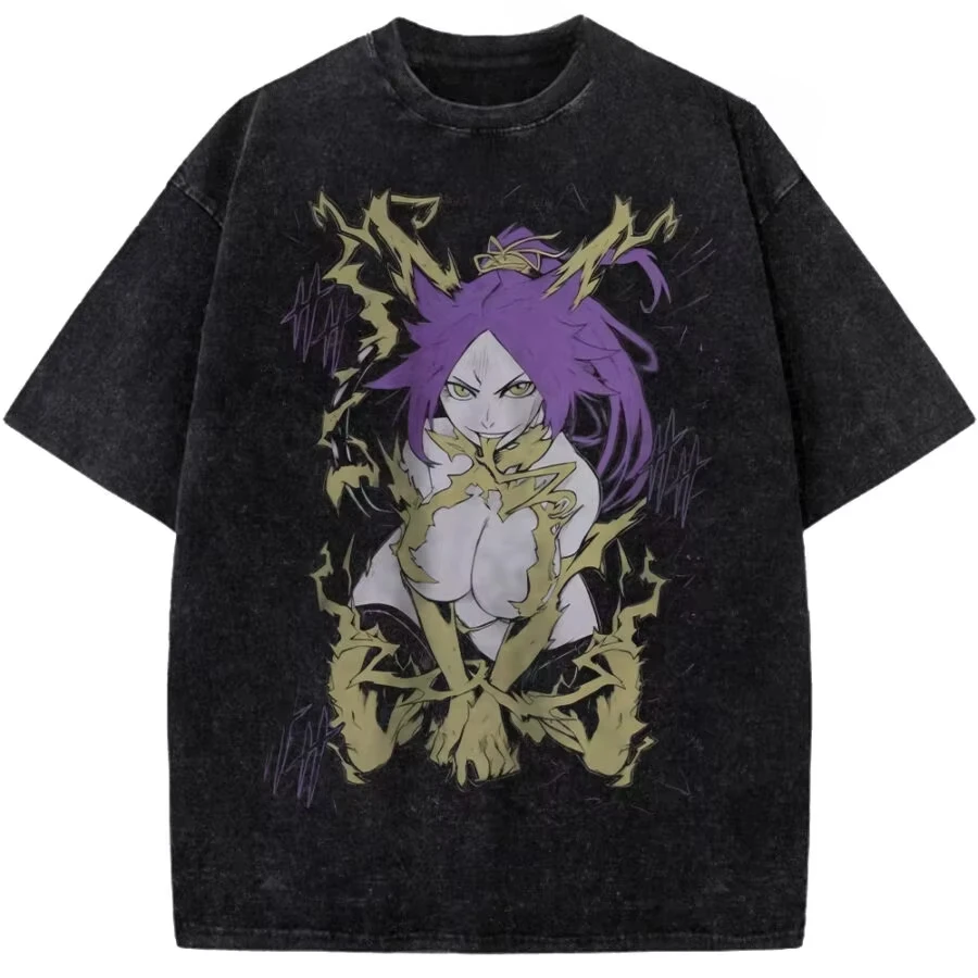 Bleach Yoruichi Shihouin Double Sided Vintage Washed T-Shirt Y2K Cotton Tee Men Women Anime Fans Casual Streetwear Tops