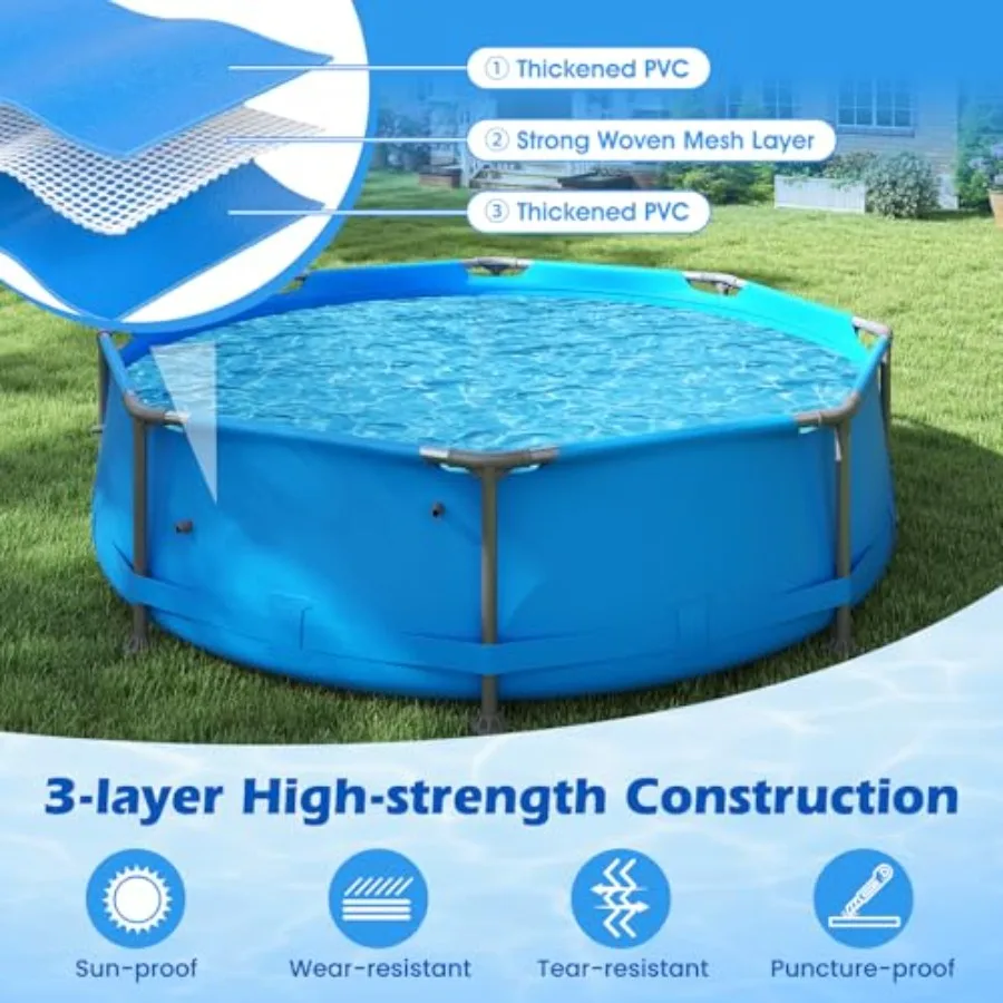 10フィート x 30インチの金属フレーム地上プール、屋外裏庭用ファミリープールセット、耐パンク性生地、排水機能付き