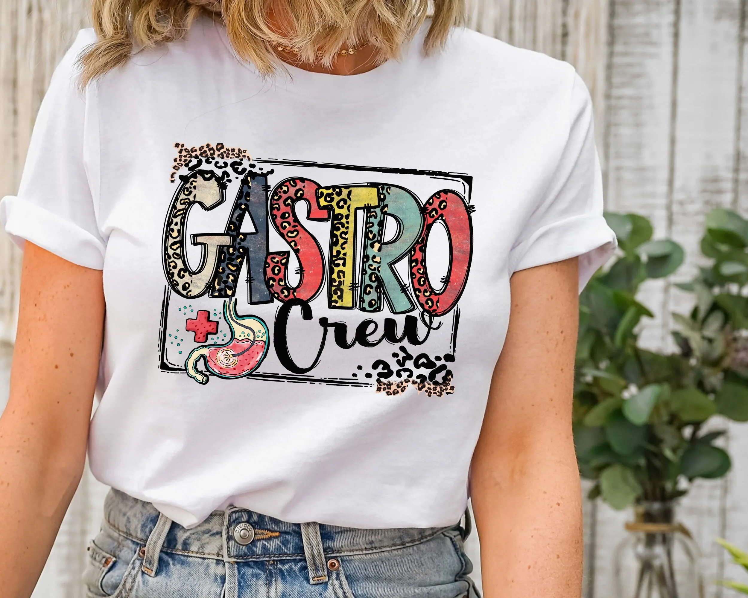

Vintage Nurse T Shirt Leopard Lettering Gastro Crew Gastroenterology Anatomical