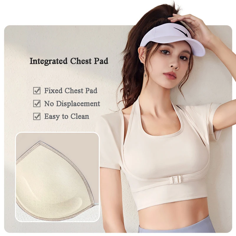 Short Sleeve Women Yoga Shirts Padded Gym Shirts Sportswear Fake Two Pieces Sports Tops With Underbust Fastener Fitness Crop Top