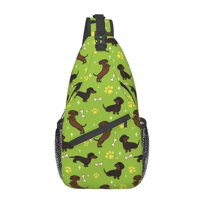 Green Dachshunds Teckel Pattern Sling Chest Crossbody Bag Men Fashion Dackel Sausage Dog Shoulder Backpack for Camping Biking