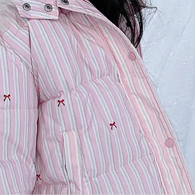 Women's Winter Big Fur Collar Hooded Cotton Jacket Korean Fashion Bow Printed Cotton-Padded Coat Casual Thickened Warm Outerwear