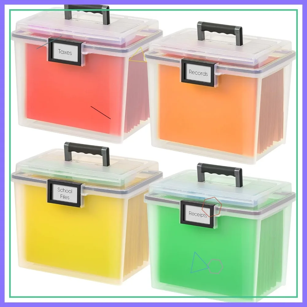 

Portable Plastic File Box with Organizer-Lid, Durable Seal, Secure Buckles, Stackable & Lockable, Clear 19 Qt. 4 Pack