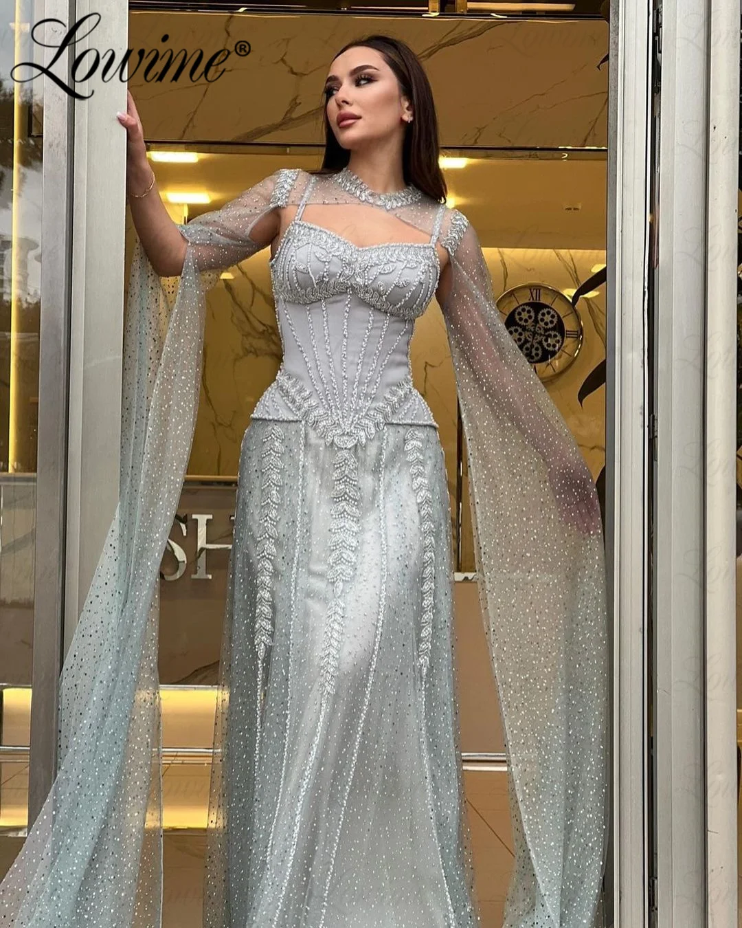 Silver Beaded Wedding Party Dress Mermaid With Cape Sleeve Long Prom Dresses 2024 Robe De Soiree Customize Arabic Evening Gowns