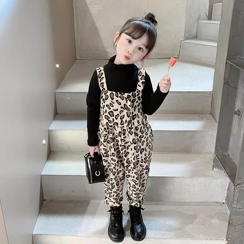 

Kawaii Casual Tops Set Fashion 2 Piece Set Childrens Clothing Girls Long Sleeve High Neck Tops and Leopard Print Jumpsuit 25 New