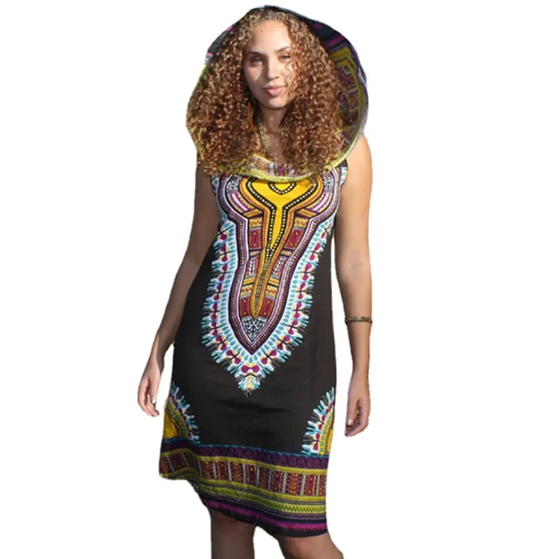 African Dashiki Print Dress Boho Gypsy Knee Length Hood Tunic Gown Women Festival Tribal Sleeveless Sun Dress Robe For Girls OI7