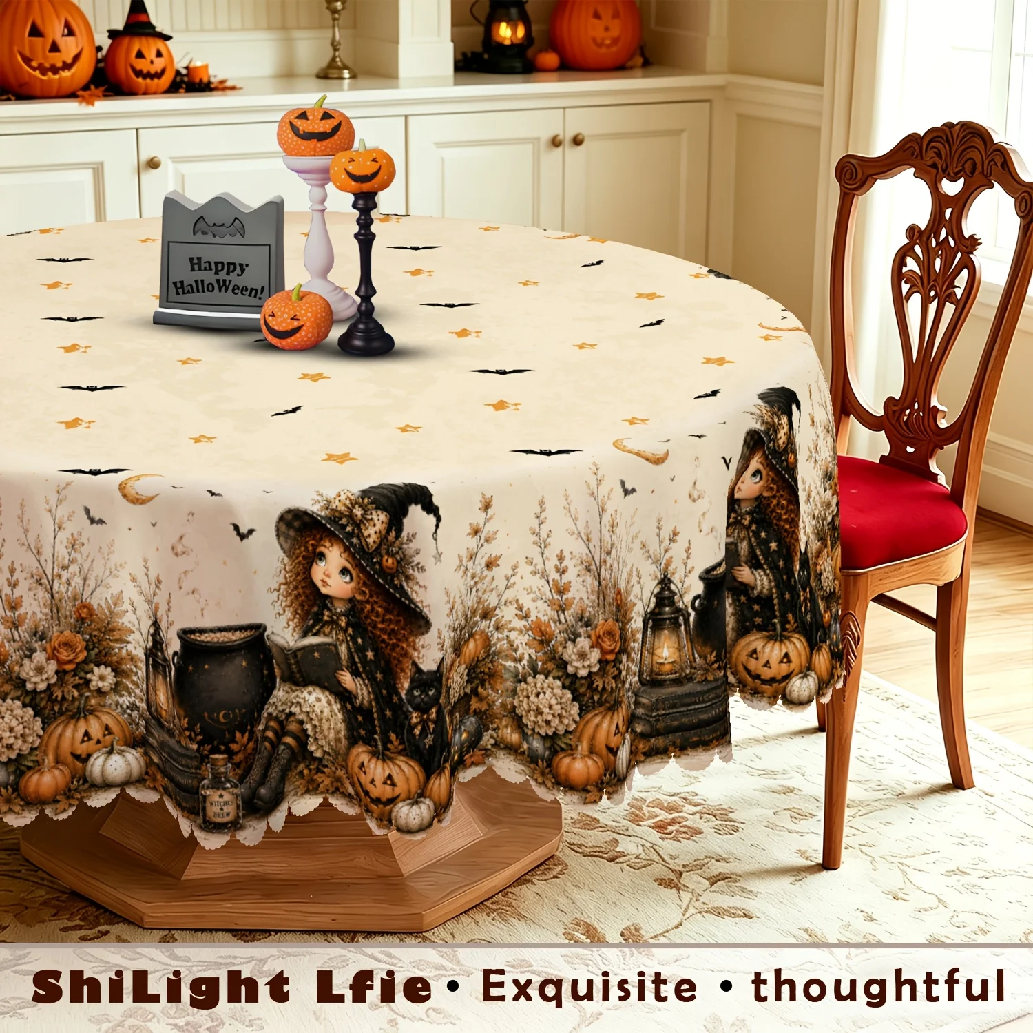 One-piece vintage Halloween witch tablecloth, featuring a witch, a large pot, and a black cat.zyc