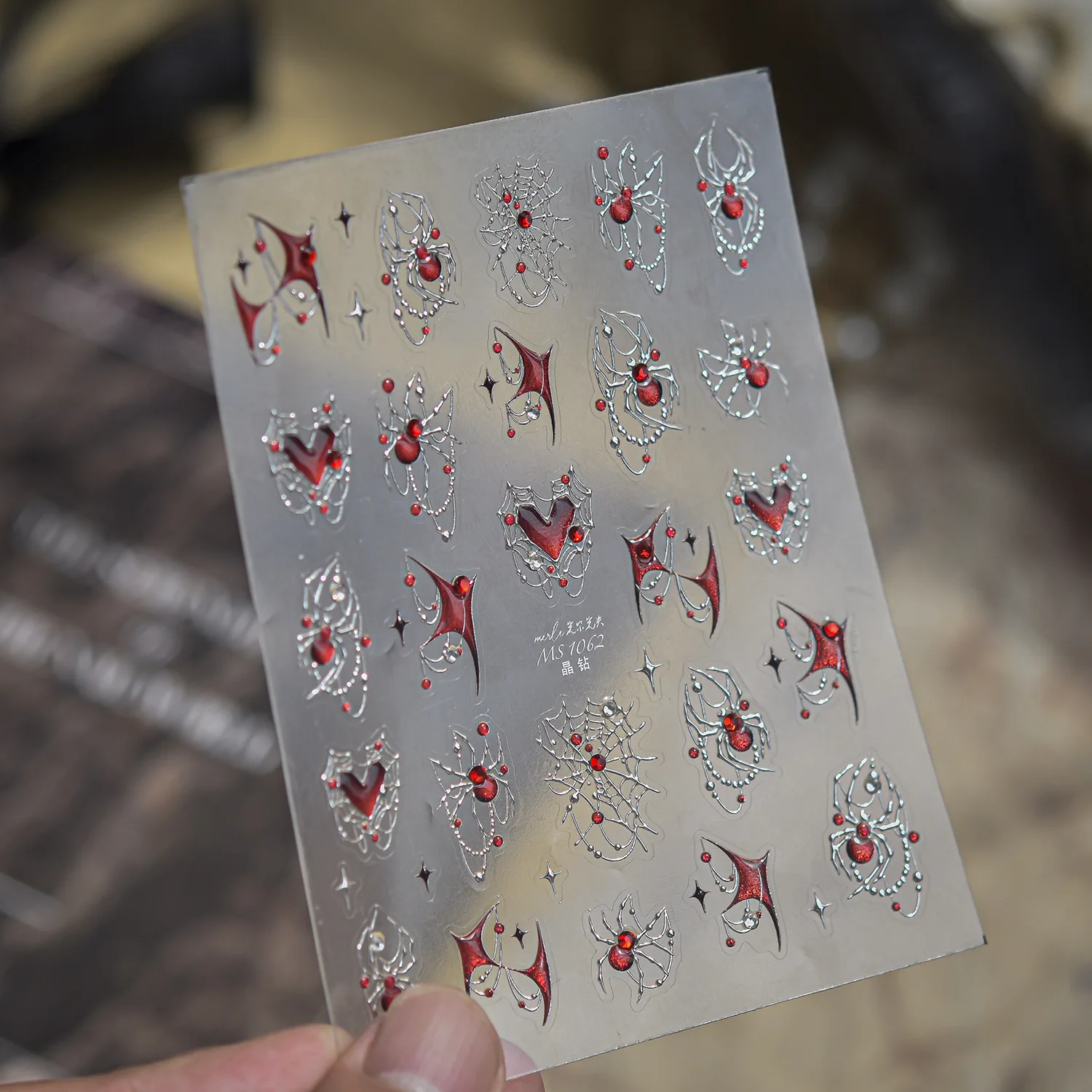 5D Embossed Silver Spider Web Nail Stickers Red Blue Jelly Heart Gem Spider Nail Decals Gothic Dark Halloween Manicure Suppliers