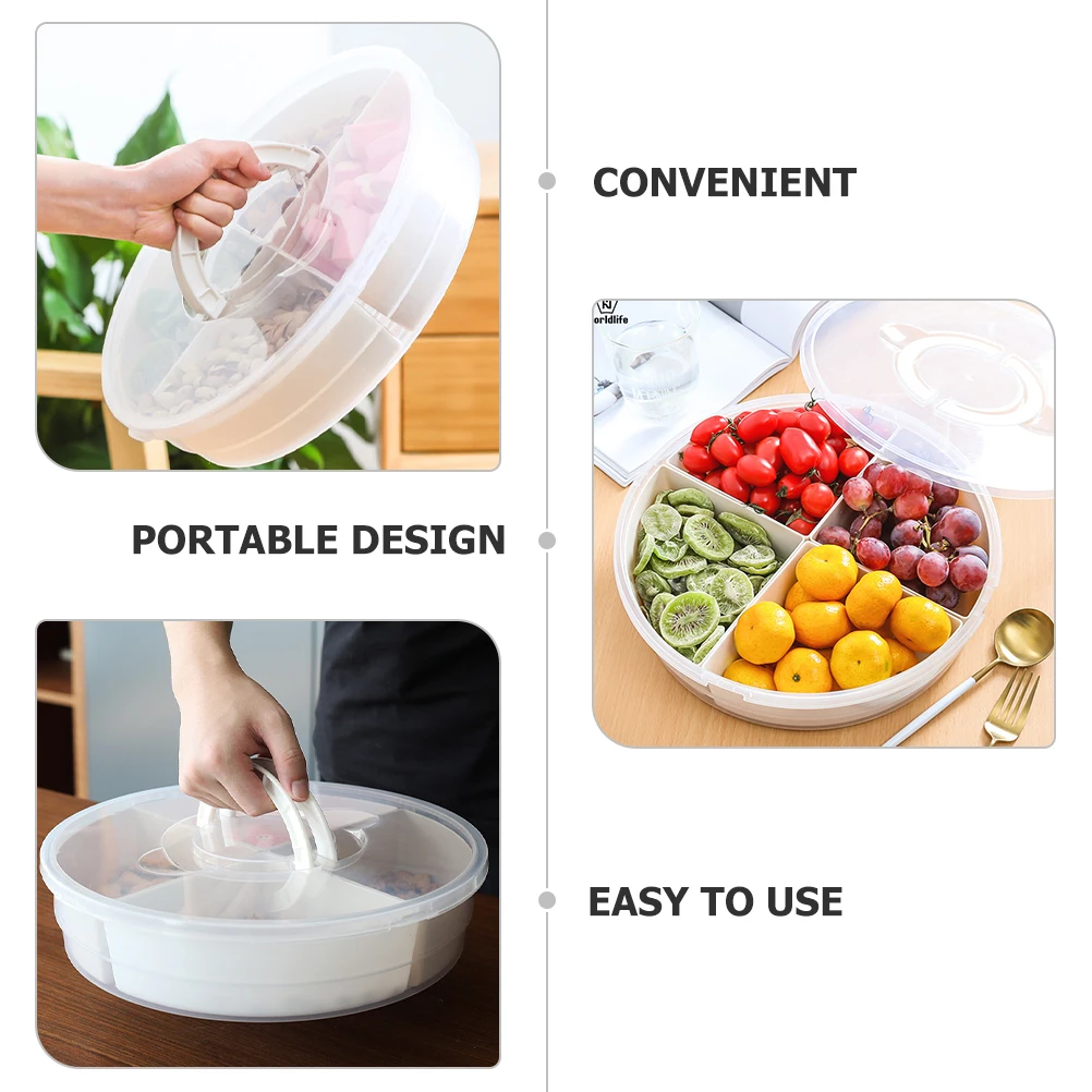 

Round 4-Compartment Snack Candy Plate Portable Fruit Tray Dried Case Cookies Container Storage Kitchen Picnic Camping Wedding