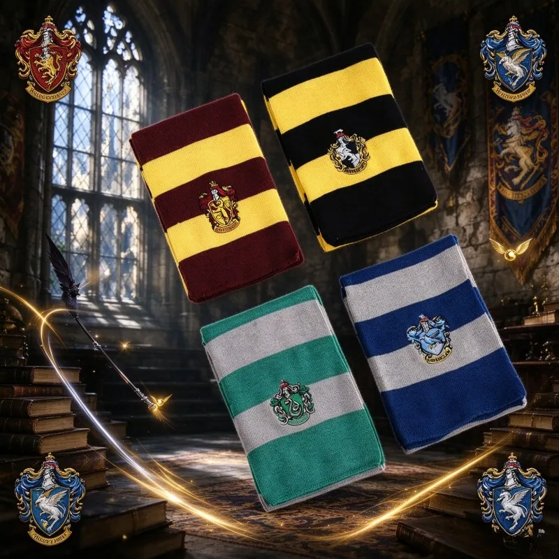Bufanda de punto con bordado de las cuatro casas de Hogwarts de Harry Potter, bufandas de invierno cálidas, accesorios de disfraz de cosplay, regalo para fans y fiestas.