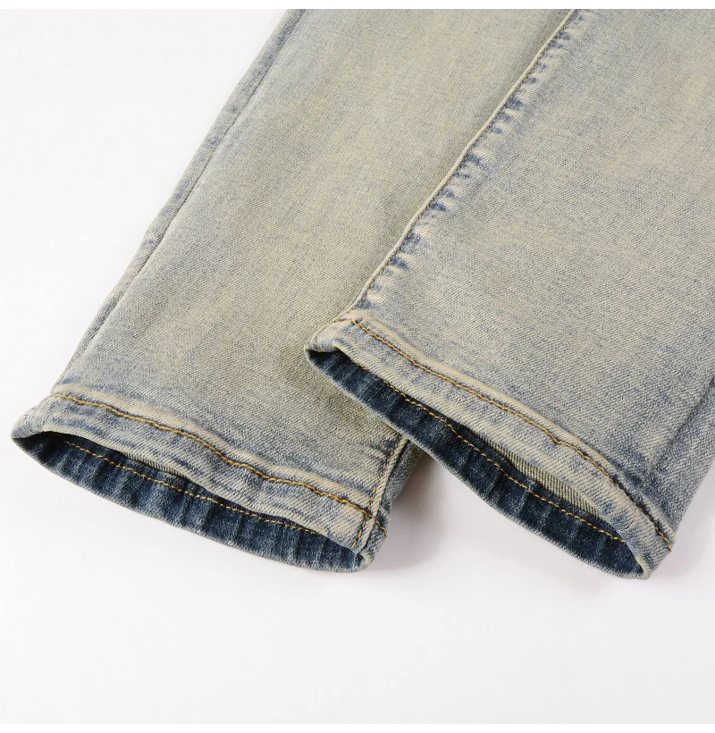 Herren-Jeans mit Riss-Patchwork, Streetwear, Skinny Tapered Hosen, Vintage Stretch-Denim, zerrissene, abgenutzte Hosen – Detail 10