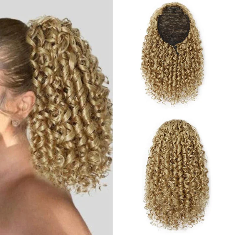 Afro Kinky Curly Ponytail Hairpiece para mulheres, extensões curtas do rabo de cavalo do cordão, louro sintético, cauda falsa do cavalo, 14"