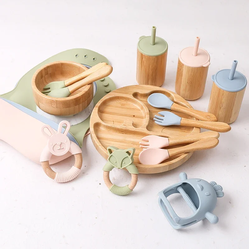 Baby Tableware Set Feeding Bowl Dinner Plate Cup Bibs Spoon Fork Bamboo Wooden Children's Feeding Dishes Sets BPA Free Non-Slip