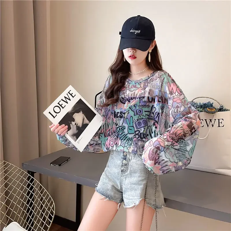 DAYIFUN-Women's Long-Sleeved Thin See-through Graphic Tees Oversized Tops Summer Fashion Loose Female Clothes Sunscreen Tshirts