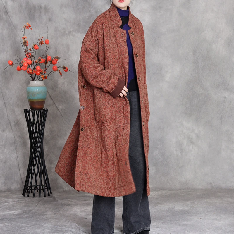 سترات نسائية سميكة من Wram وصلت حديثًا معاطف طويلة شتوية عتيقة موديل 2025 مطبوعة بالزهور معاطف طويلة فضفاضة على شكل حرف a للسيدات M2035