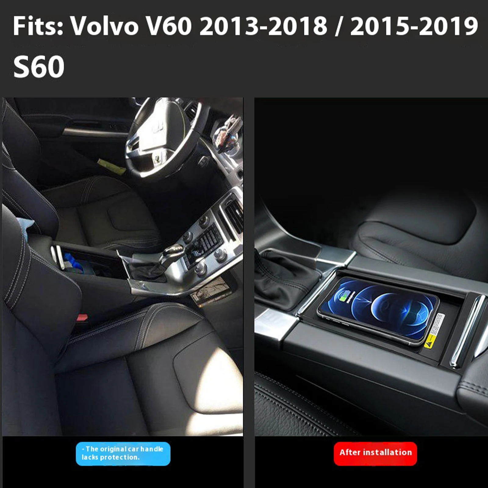 2 Din for Volvo S60 V60 2013-2018 Car Wireless Mobile Phone Charger Center Console Storage 18W iphone fast charge plate holder