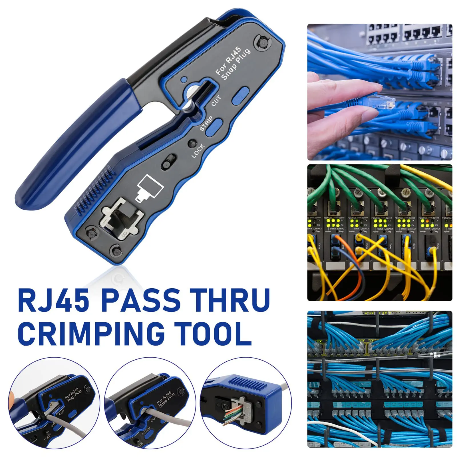 RJ45 Crimp Tool Set Pass Through Crimper Cutter Professional Heavy Duty Ethernet Crimp Tool Multifunction Cable Wire Stripper